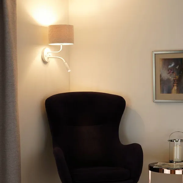 Duolla Aplique de pared, bouclé, blanco/crema, brazo de lectura