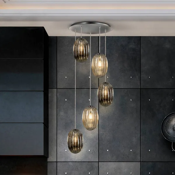 Schuller Valencia Lámpara colgante Ovila, 5 luces, gris humo/cognac, metal, cristal