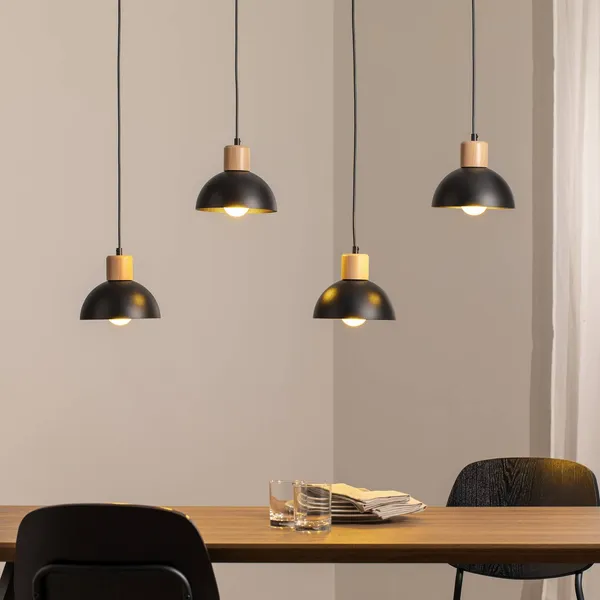 EMIBIG LIGHTING Lámpara colgante Seco, longitud 90 cm, negra, metal/madera, 4 luces.