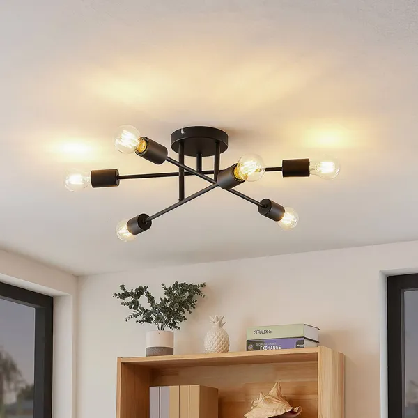 Plafón Lindby Estar, negro, de metal, 6 luces, Ø 56 cm