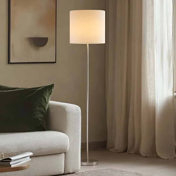 Lámpara de pie Lindby Parsa, blanca, textil, altura 167 cm, E27
