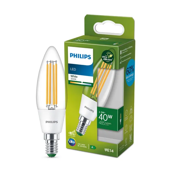 Philips E14 2,3W 485lm transparente 3.000K
