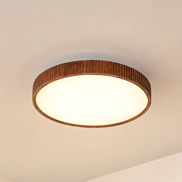 lámpara LED de techo Velua de Lindby, blanco/madera oscura, CCT, Ø 50 cm