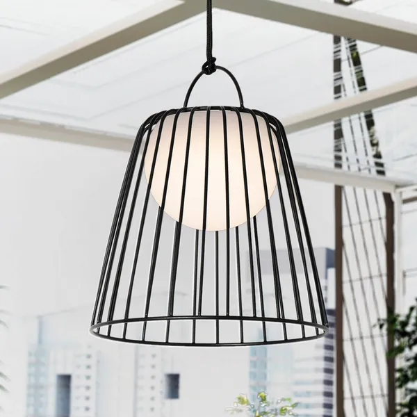 Lámpara colgante exterior LED recargable Lindby Levino, negra, de metal