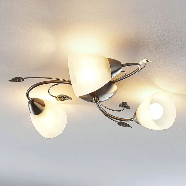 Plafón Lindby Yannie, 3 luces, 50cm, níquel/blanco, cristal