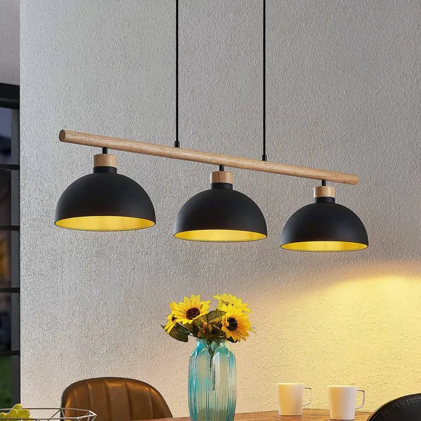 Lámpara colgante Tirzana de Lindby, 3 luces, negra, metal, madera