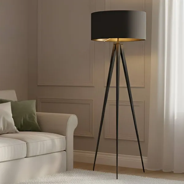 Lámpara de pie Lindby Benik, trípode, textil, negro/oro, 153cm