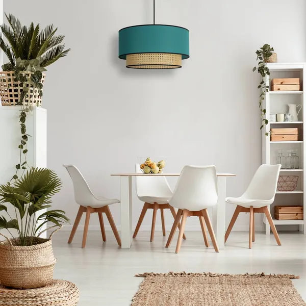 Duolla Lámpara colgante Boho, azul petróleo/madera, Ø 45 cm, tela/ratán