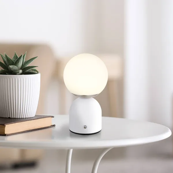 Globo Julsy lámpara de mesa LED recargable, blanca, altura 21 cm, metal, CCT