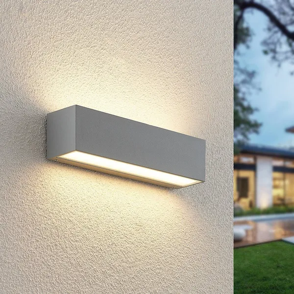 Aplique LED para exterior Lucande Lengo, 25 cm, plateada, luz hacia arriba y