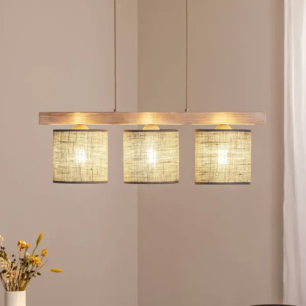 Duolla Lámpara colgante Forest, 3 luces, madera clara, yute gris