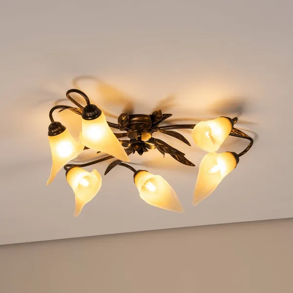 ONLI Plafón Alga, 6 luces, hierro, cristal, florentino
