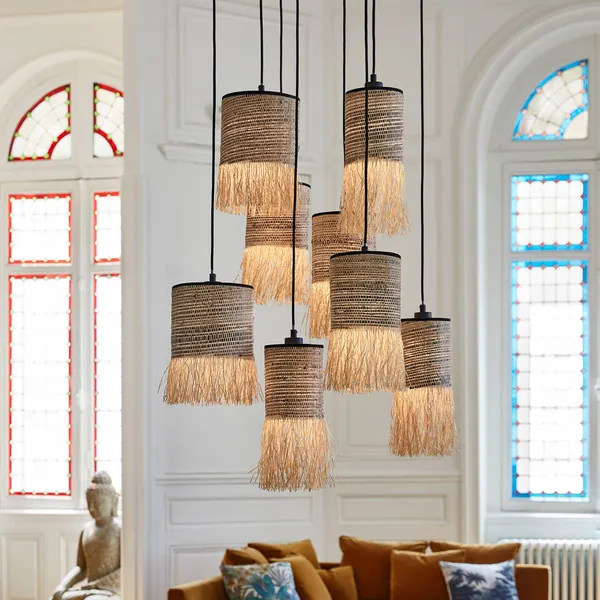 MARKET SET Lámpara colgante Formentera, Ø 50 cm, fibra de palma, 8 luces.
