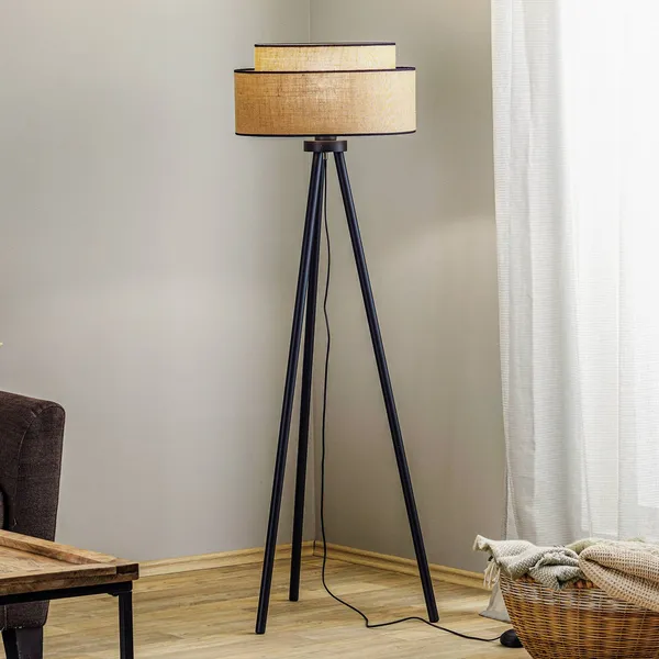 Duolla Lámpara de pie Boho, marrón/negro, tela/metal, altura 145 cm