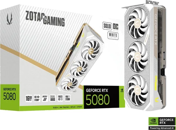Tarjeta gráfica Zotac GeForce RTX 5080 Solid OC White ED de 16 GB GDDR7 con HDMI y 3 puertos DisplayPort