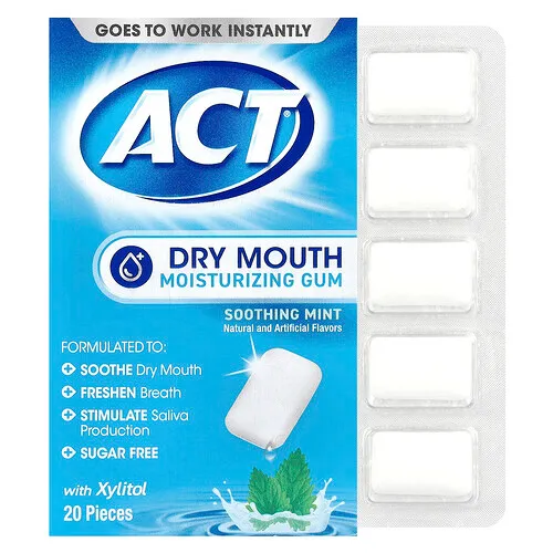 ACT, Goma de mascar humectantes para la boca seca con xilitol, sin azúcar, menta calmante, 20 piezas