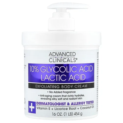 Advanced Clinicals, Ácido glicólico al 10 %, Ácido láctico, Crema corporal exfoliante, 454 g (16 oz)