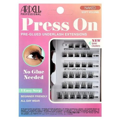 Ardell, Press On, Extensiones de pestañas prepegadas, Volumen suave y natural, 30 racimos prepegados y aplicador