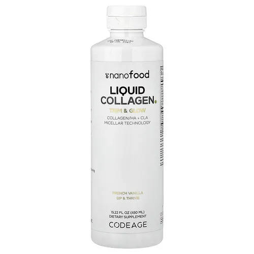 Codeage, Nanoalimentos, Colágeno líquido, Trim & Glow, Suplemento para mantener el cuerpo en forma y favorecer la luminosidad, Vainilla francesa, 450 ml (15,22 oz. líq.)