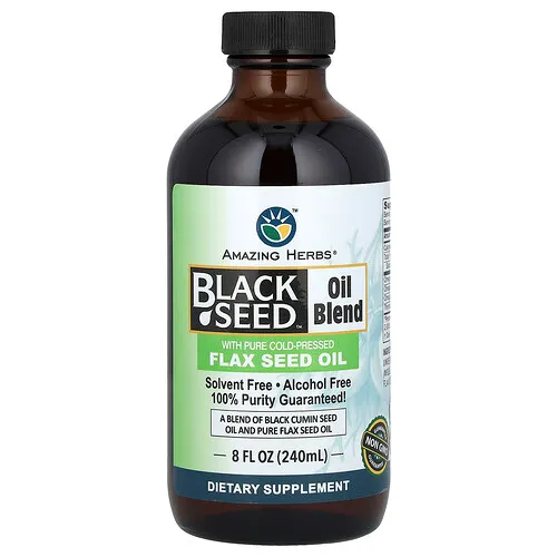 Amazing Herbs, Mezcla de aceite de semilla de comino negro con aceite de semilla de lino puro prensado en frío, 8 oz. líq. 240 ml (oz).