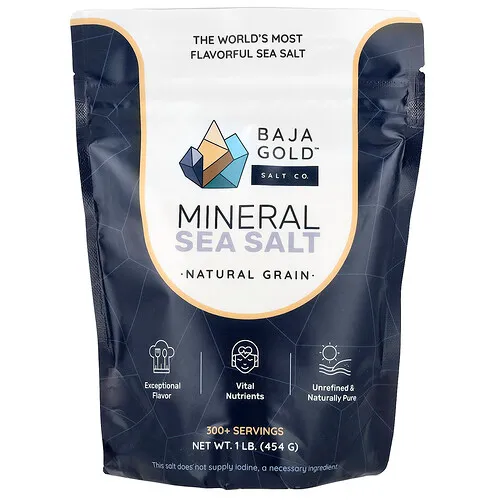 Baja Gold Salt Co., Sal marina mineral, Grano natural, 454 g (1 lb)