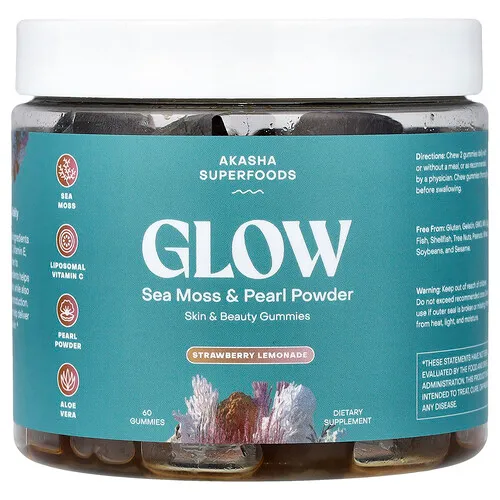 Akasha Superfoods, Resplandor, Musgo marino y perla en polvo, Limonada de fresa, 60 gomitas