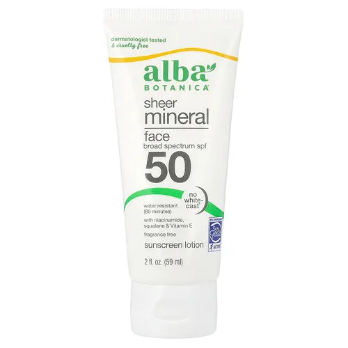 Alba Botanica, Loción con protección solar mineral translúcida para el rostro, FPS 50, Sin fragancia, 59 ml (2 oz. líq.)