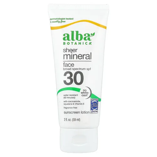 Alba Botanica, Loción con protección solar mineral translúcida para el rostro, FPS 30, Sin fragancia, 59 ml (2 oz. líq.)