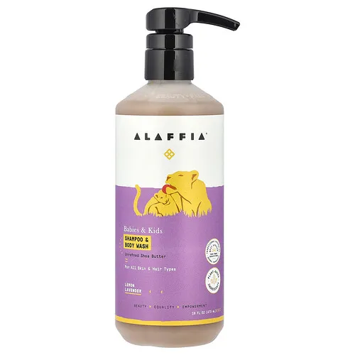 Alaffia, Champú y jabón líquido para el cuerpo para bebés y niños, Para todo tipo de piel y cabello, Limón y lavanda, 473 ml (16 oz. líq.)