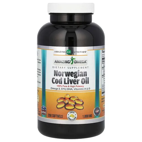 Amazing Nutrition, Amazing Omega, Aceite de hígado de bacalao noruego, Limón, 1000 mg, 250 cápsulas blandas