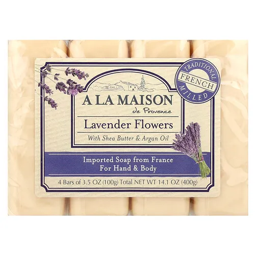 A La Maison de Provence, Barra de jabón para manos y cuerpo, Flores de lavanda, 4 barras, 100 g (3,5 oz) cada una
