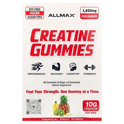 ALLMAX, Gomitas de creatina, Ponche de frutas tropicales, 1250 mg, 6 bolsas, 8 gomitas cada una