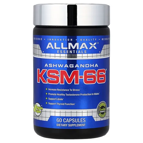 ALLMAX, Productos esenciales, Ashwagandha KSM-66®, 60 cápsulas (300 mg por cápsula)