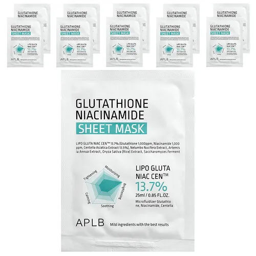 APLB, Mascarilla de belleza en lámina con glutatión y niacinamida, 10 láminas, 25 ml (0,85 oz. líq.) cada una