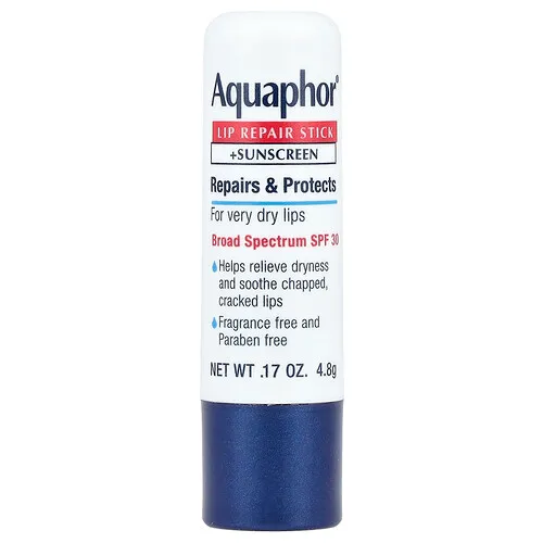 Aquaphor, Barra reparadora de labios con protector solar, FPS 30, Sin fragancia, 4,8 g (0,17 oz)