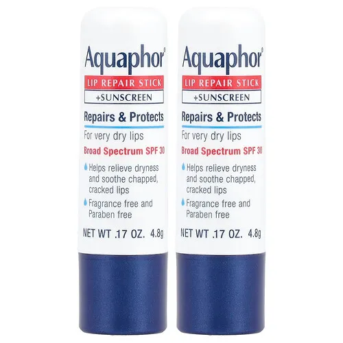 Aquaphor, Barra reparadora de labios con protector solar, FPS 30, Sin fragancia, 2 barras, 4,8 g (0,17 oz) cada una
