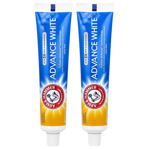 Arm & Hammer, Advance White™, Pasta dental anticaries con fluoruro, Menta pura, Paquete doble, 170 g (6 oz) cada uno