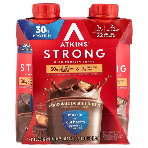 Atkins, Fuerte, Batido con alto contenido de proteínas, Chocolate y mantequilla de maní, 4 batidos, 325 ml (11 oz. líq.) cada uno