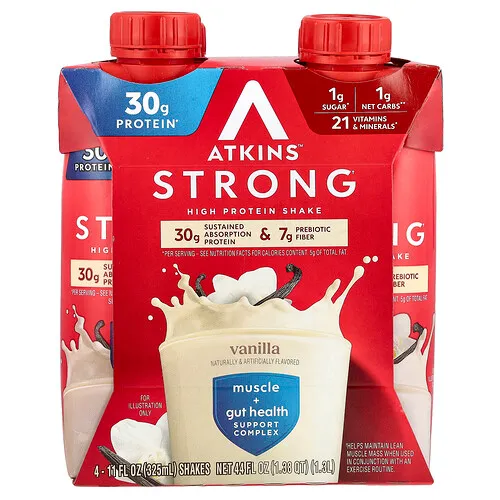 Atkins, Strong, Batido con alto contenido de proteínas, Vainilla, 4 batidos, 325 ml (11 oz. líq.) cada uno