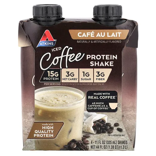 Atkins, Batido de proteína con café helado, Café con leche, 4 batidos, 325 ml (11 oz. líq.) cada uno
