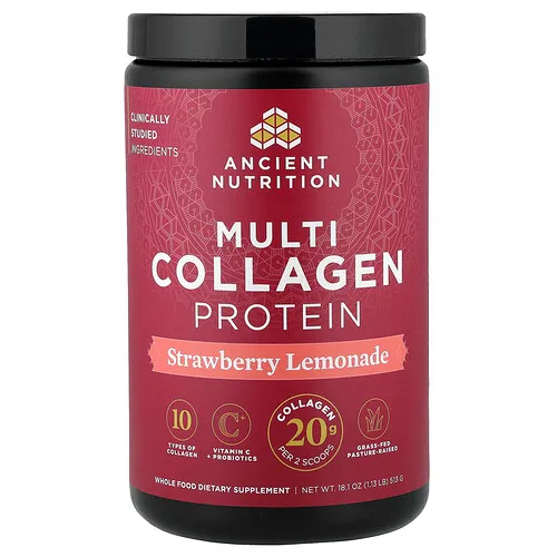 Ancient Nutrition, Proteína con múltiples tipos de colágeno, Limonada de fresa, 513 g (1,13 lb)