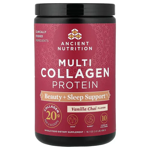 Ancient Nutrition, Proteína con múltiples tipos de colágeno, Refuerzo para la belleza y el sueño, Chai de vainilla, 456 g (1 lb)