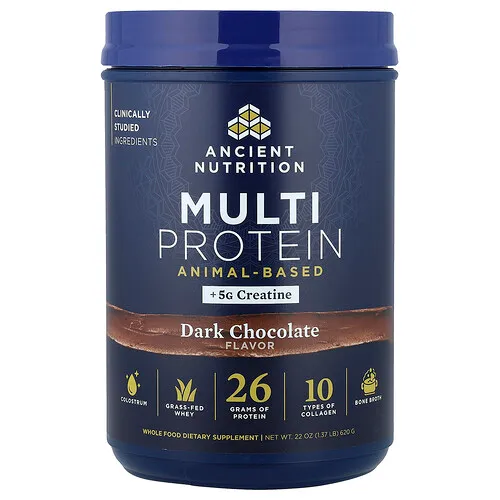 Ancient Nutrition, Suplemento multiproteico de origen animal, Chocolate negro, 620 g (1,37 lb)
