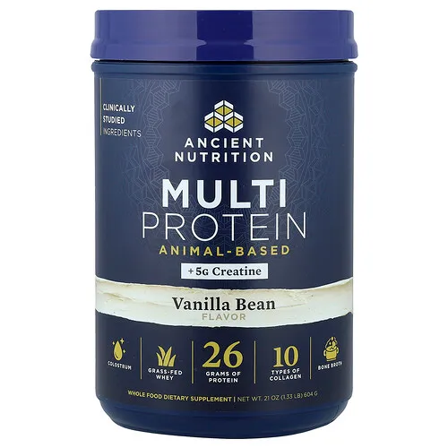 Ancient Nutrition, Suplemento multiproteico con creatina, De origen animal, Vaina de vainilla, 604 g (1,33 lb)