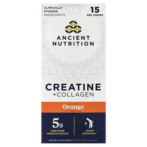 Ancient Nutrition, Creatina con colágeno, Naranja, 15 sobres de gel, 30 ml (1 oz. líq.) cada uno