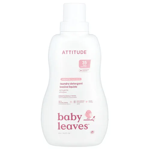 ATTITUDE, Baby Leaves™, Detergente para la ropa, Extrasuave, Sin fragancia, 1,04 l (35,2 oz. líq.)
