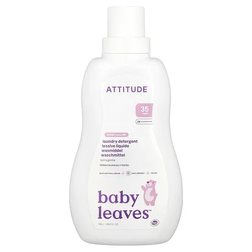 ATTITUDE, Baby Leaves™, Detergente para la ropa, Dulce canción de cuna, 1,04 l (35,2 oz. líq.)