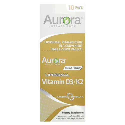 Aurora Nutrascience, Vitamina D3/K2 liposomal, 10 sobres, 20 ml (0,68 oz. líq.) cada uno