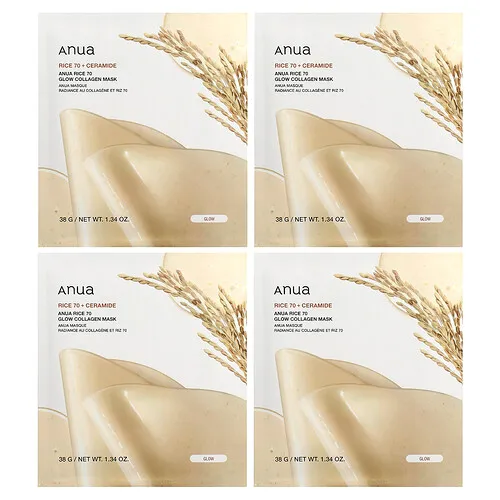 Anua, Mascarilla de belleza con colágeno de arroz 70 Glow, 4 láminas, 38 g (1,34 oz) cada una