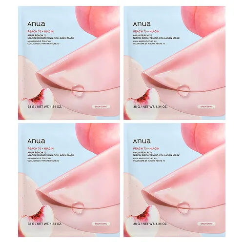 Anua, Mascarilla de belleza iluminadora con colágeno y niacina de melocotón 70, 4 láminas, 38 g (1,34 oz) cada una